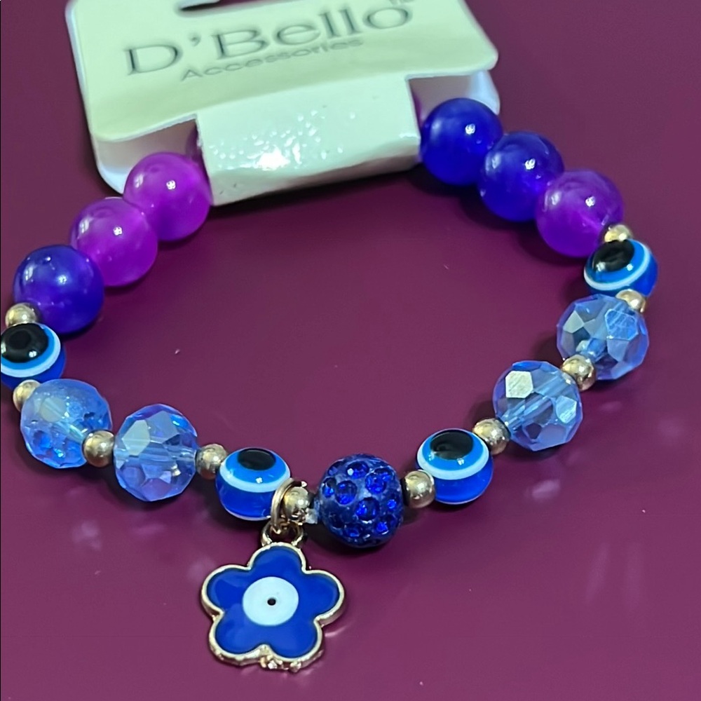 D'Bello Evil Eye Blue and Purple Daisy Flower Charm Beaded Bracelet Medium